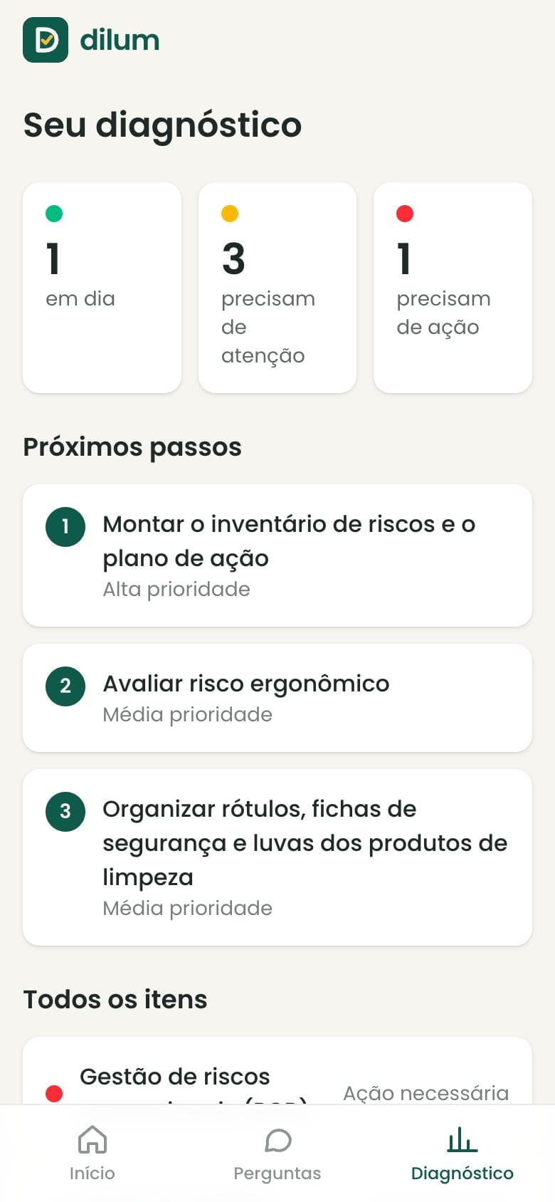 Tela do diagnóstico no app da DILUM: 1 item em dia, 3 pedem atenção, 1 pede ação e os três próximos passos