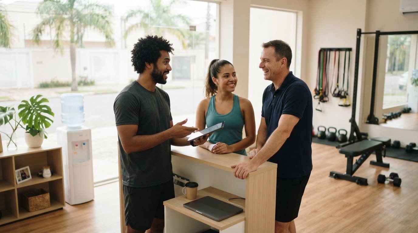 Equipe de um pequeno estúdio de ginástica conversando antes de abrir